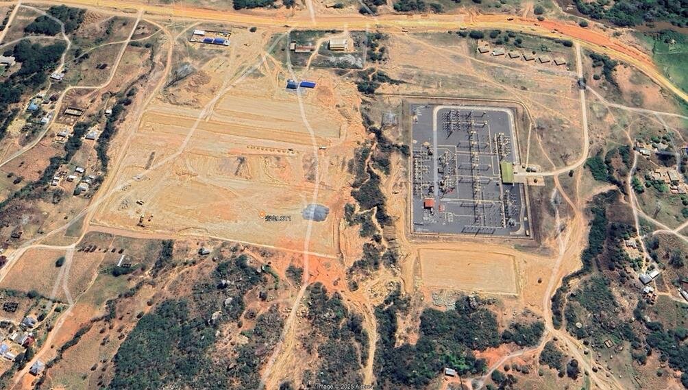 Aerial view of a substation and a cleared extension area